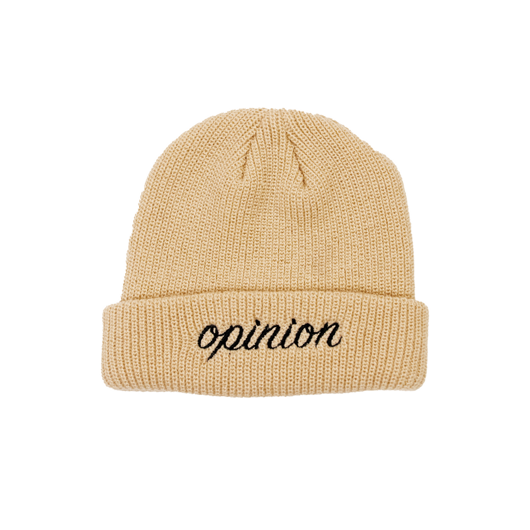 Beige Cursive Opinion Beanie