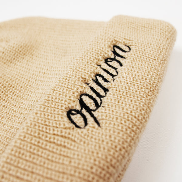 Beige Cursive Opinion Beanie